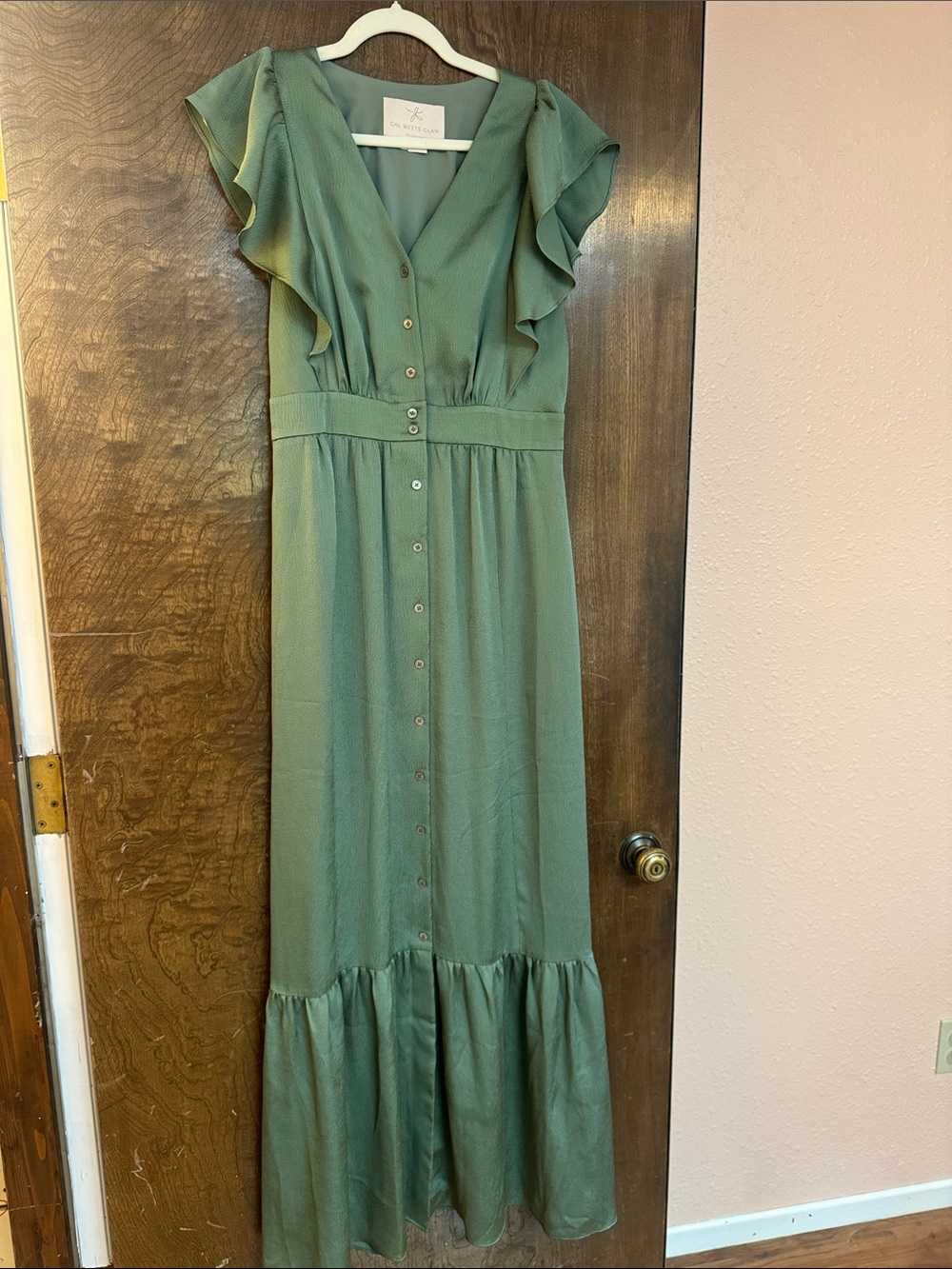 Gal Meets Glam Sage Green Button-Front Ruffle Maxi Dress
